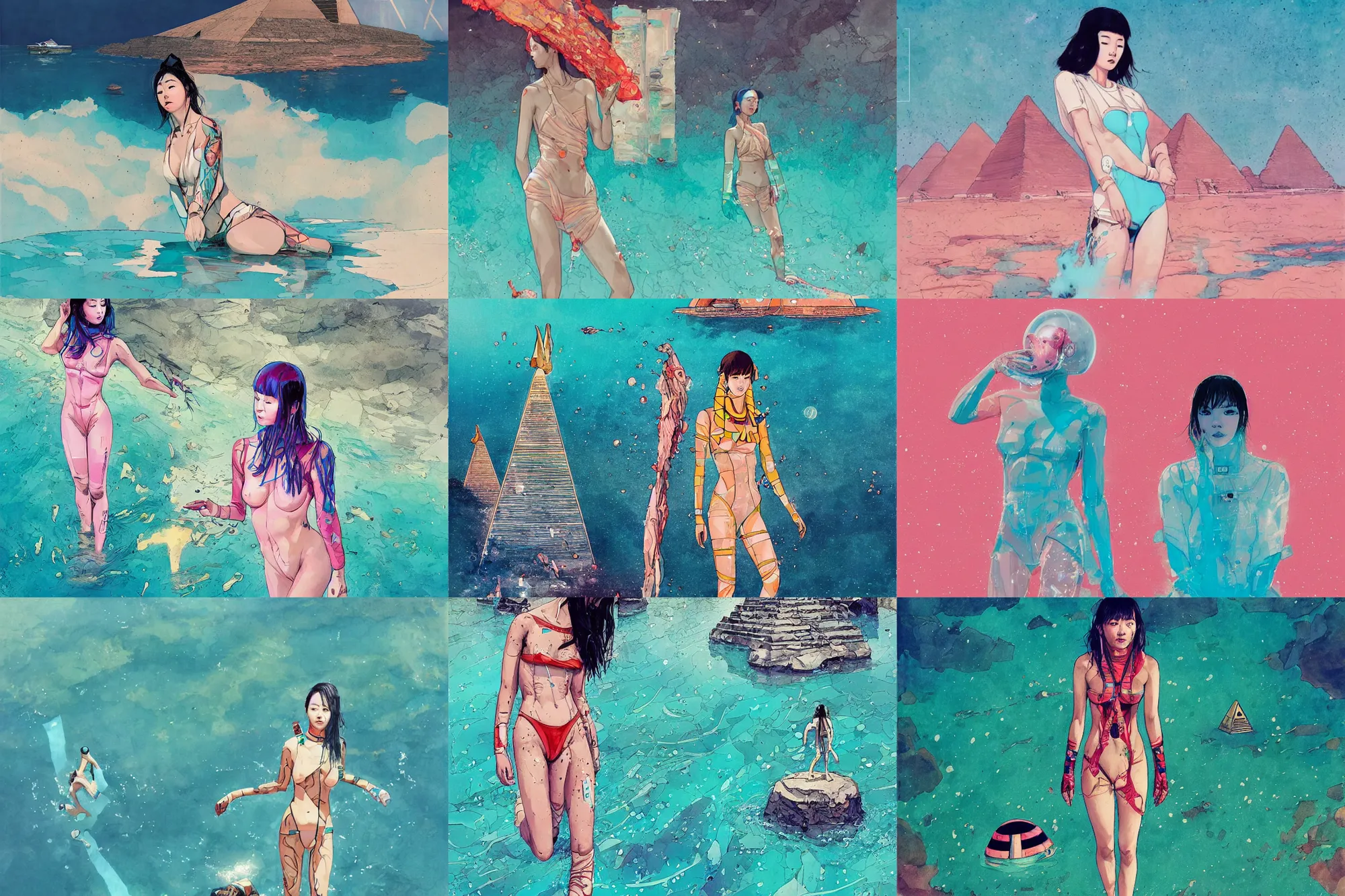 Prompt: lee jin - eun in astronaut dress emerging from turquoise water in egyptian pyramid by nicola samuri, conrad roset, m. k. kaluta, martine johanna, rule of thirds, seductive look, beautiful