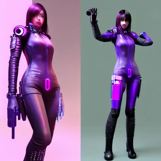 Image similar to Korean cyberpunk female, Cyberpunk 2077 night city gang member with purple bodysuit and knee high boots, trending on artstation by Ruan Jia and Mandy Jurgens and Artgerm and