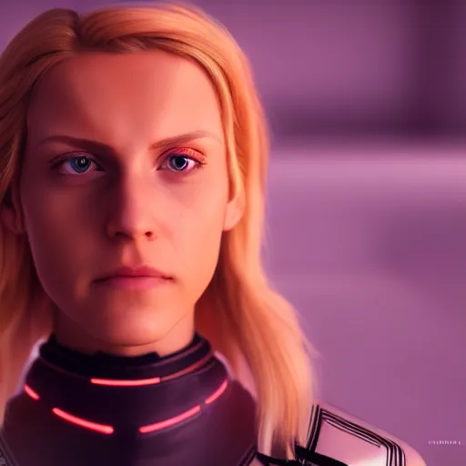 Image similar to Annie Leonhart in a Tron movie, octane render 8k, photorealistic render, atmospheric render, beautiful face, cute, realistic skin, beautiful eyes