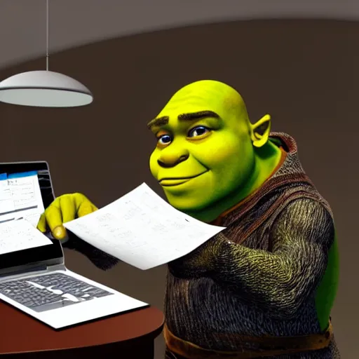 Image similar to stock photo of shrek calculating his taxes, spectacles without border on the end of his nose, microsoft excel 2002 bootcamp instructor