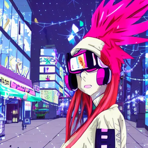 Image similar to anime girl with eccentric clothes, long spiky pink hair, cel - shading, 2 0 0 1 anime, flcl, jet set radio future, night time, entertainment district, japanese city at night, colorful buildings, lines of lights, christmas lights, rollerskaters, cel - shaded, jsrf, strong shadows, vivid hues, y 2 k aesthetic