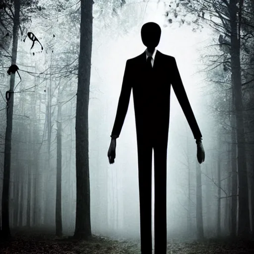 Image similar to slenderman standing in a dark ominous forest, creepy, scary, realistic, photorealistic, found footage, dark, night, ambience, shadows, dim