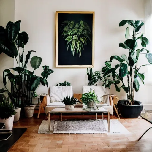 Prompt: a living room with plants and speakers and a painting on the wall, featured on tumblr, light and space, sanctuary, soft light, aesthetic