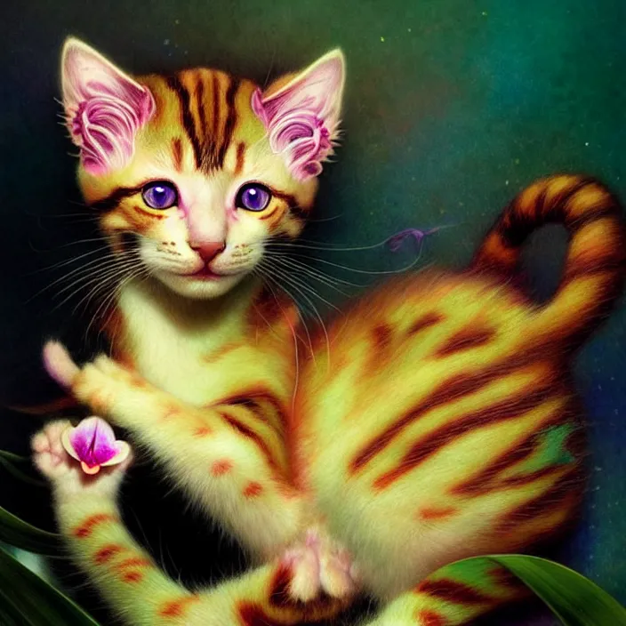 Prompt: psychedelic kitten made of orchid, diffuse lighting, fantasy, intricate, elegant, highly detailed, lifelike, photorealistic, digital painting, artstation, illustration, concept art, smooth, sharp focus, art by John Collier and Albert Aublet and Krenz Cushart and Artem Demura and Alphonse Mucha