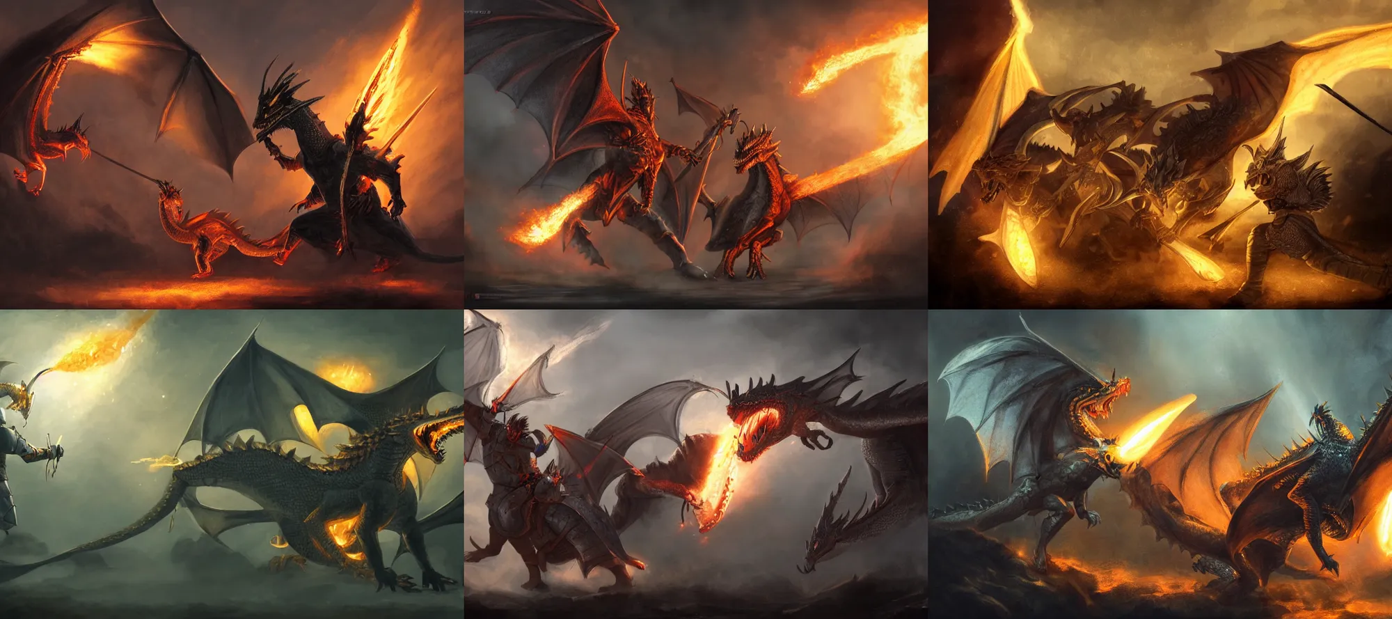 Prompt: a medieval knight is fighting a dragon that is breathing fire, back lit with light glowing through dragons open wings,, movie scene, illustrative, concept art, trending on art station,
