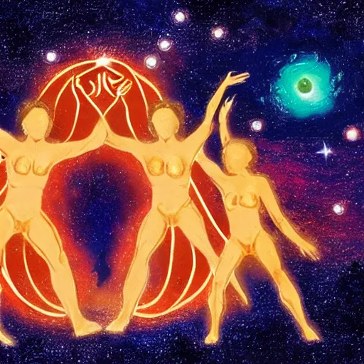 Image similar to the glowing human forms of pancha bhutas wielding their respective elements against a starry galaxy, with a small human silhouette prostrating in front of them