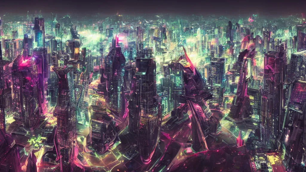Prompt: The futuristic sci-fi Tokio city's, it has tall brutalist architecture buildings, some giant spaceships are flying over the city, the background has a detailed heavenly and iridescent light from nebulas and planets, the buildings are full of color, panoramic view, cyberpunk, vaporwave, matte painting, concept art, dramatic lighting, golden hour, 4k, 8k, trending on Artstation, realistic