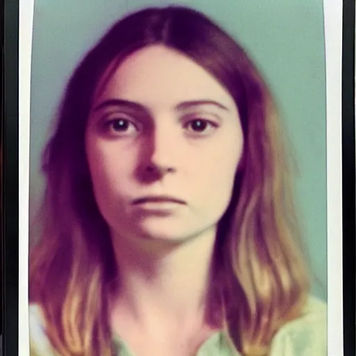 Image similar to Mugshot Portrait of Coucou Chloe, taken in the 1970s, photo taken on a 1970s polaroid camera, grainy, real life, hyperrealistic, ultra realistic, realistic, highly detailed, epic, HD quality, 8k resolution, body and headshot, film still, front facing, front view, headshot and bodyshot, detailed face, very detailed face