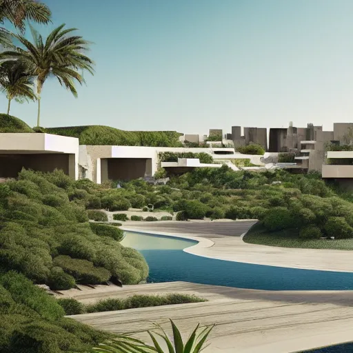 Prompt: architectural rendering of habitat 6 7 in the desert, biophilia mood, pool, garden, highly detailed, cinematic, photorealistic,