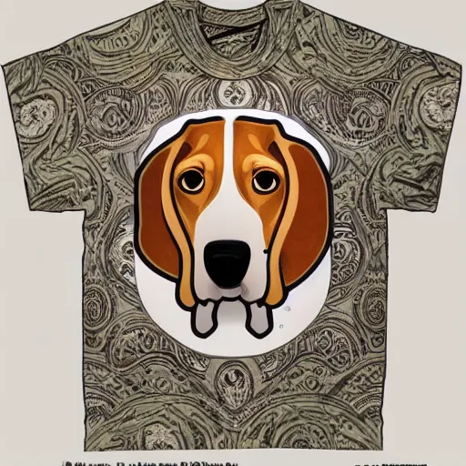 Prompt: a beagle t shirt design by alphonso mucha