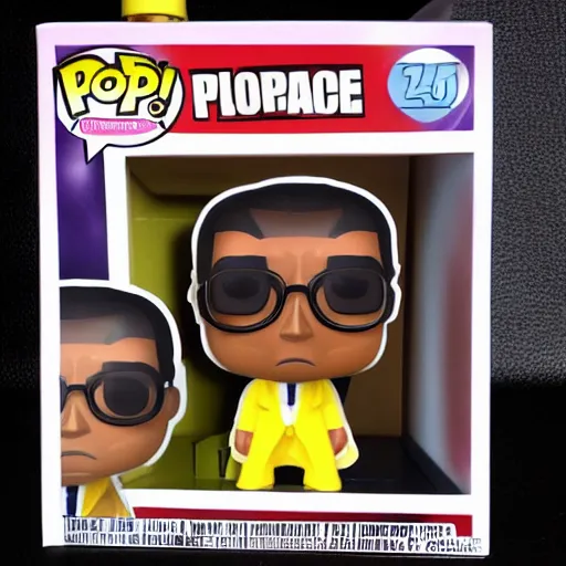 Prompt: funko pop gustavo fring with half of his face gone. toy design