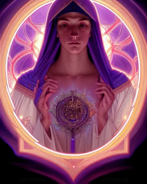 Image similar to symmetry portrait of saint germain, violet flame, intricate, elegant, highly detailed, digital painting, artstation, concept art, smooth, sharp focus, illustration, art by artgerm and greg rutkowski and fra angelico and alphons mucha