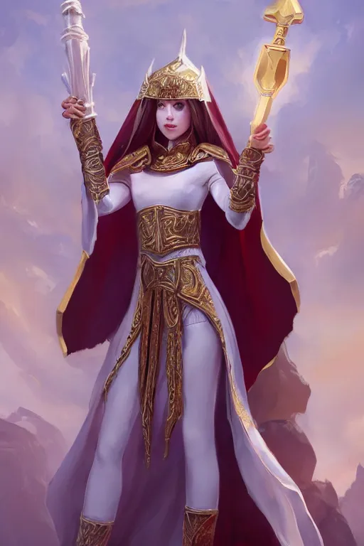 Prompt: Full-body picture of beautiful young priestess, White and gold robes, red waist-long hair, mace and shield, visible face, dungeon and dragons, high fantasy, holy energy, ornamental, symmetry, artstationhd, artstationhq, trending in artstation, safebooru, ultra HD