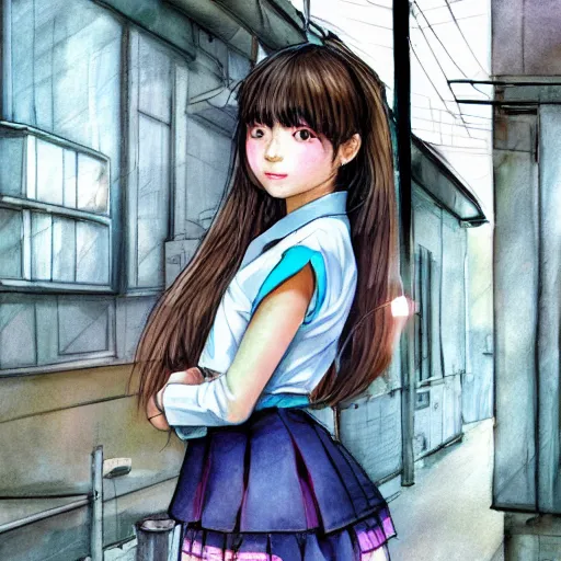 Image similar to an ultra-detailed perfect, realistic professional digital sketch of a Japanese schoolgirl posing in a sci-fi alleyway, style of Marvel, full length, by pen and watercolor, by a professional American senior artist on ArtStation, a high-quality hollywood-style sketch, on high-quality paper