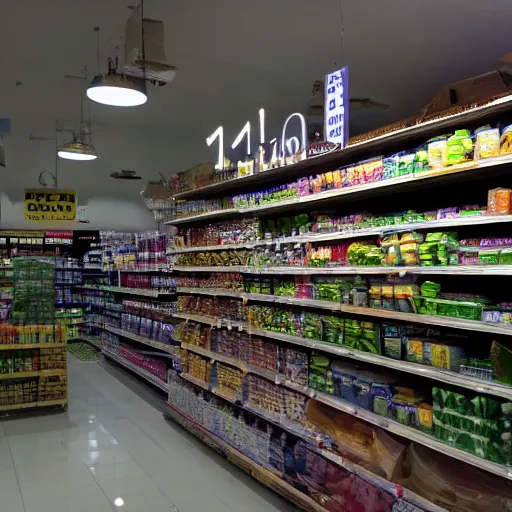 Image similar to photo of a grocery store interior, the floor is flooded with one meter deep water. eerie, volumetric lighting. highly - detailed 4 k