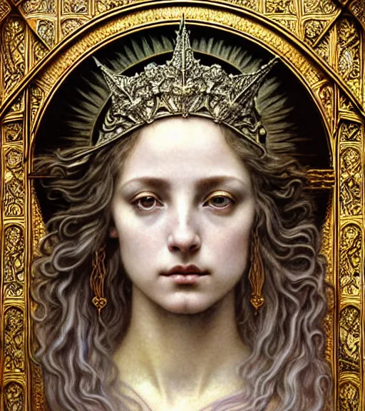 Image similar to detailed realistic beautiful young medieval queen of jupiter face portrait by jean delville, gustave dore and marco mazzoni, art nouveau, symbolist, visionary, gothic, pre - raphaelite. horizontal symmetry by zdzisław beksinski, iris van herpen, raymond swanland and alphonse mucha. highly detailed, hyper - real, beautiful