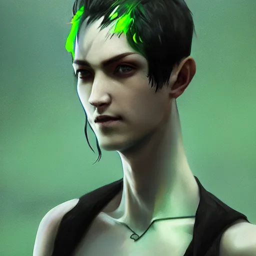 Prompt: male with black short hair and green eyes by Greg Rutkowski, Sung Choi, Mitchell Mohrhauser, Maciej Kuciara, Johnson Ting, Maxim Verehin, Peter Konig, final fantasy , mythical, 8k photorealistic, sexy, hot, cinematic lighting, HD, high details