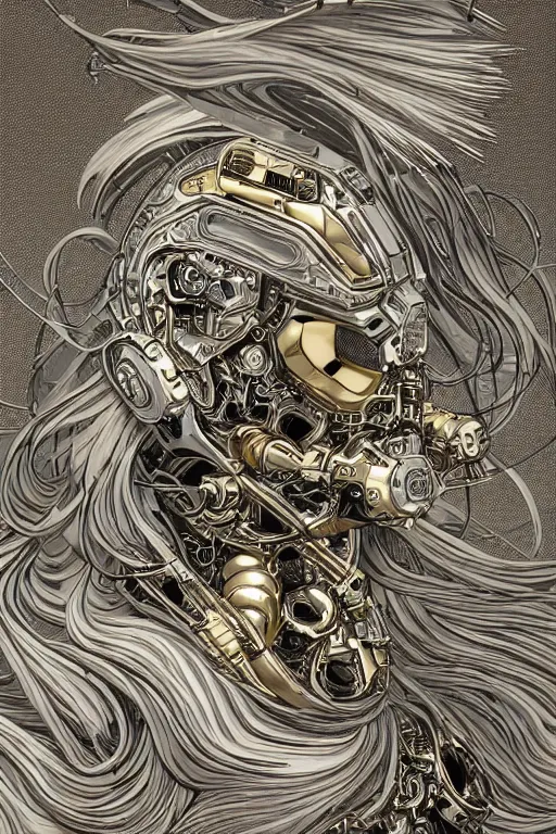 Image similar to gold and silver tones, cybernetic war, style of moebius, james jean, mcbess, cinematic, highly detailed, award winning, 8 k photorealistic