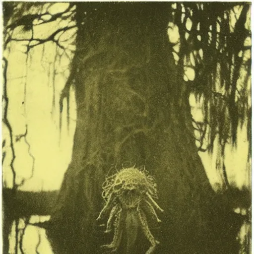 Image similar to creepy lovecraftian monster in swamp, 1 9 1 0 polaroid photo