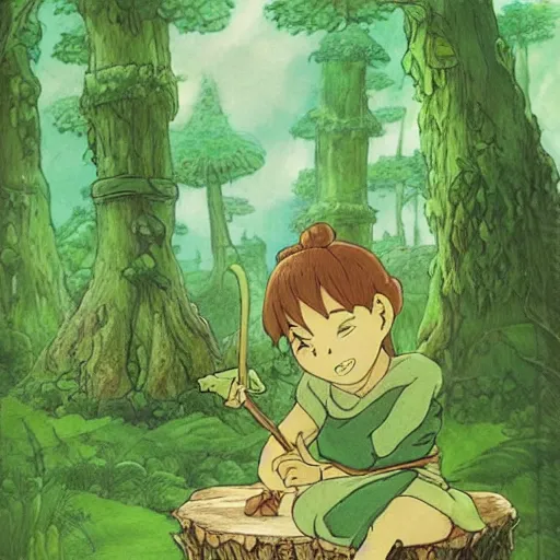 Prompt: a green genie ready to grant wishes deep in the forest, fantasy illustration, studio ghibli