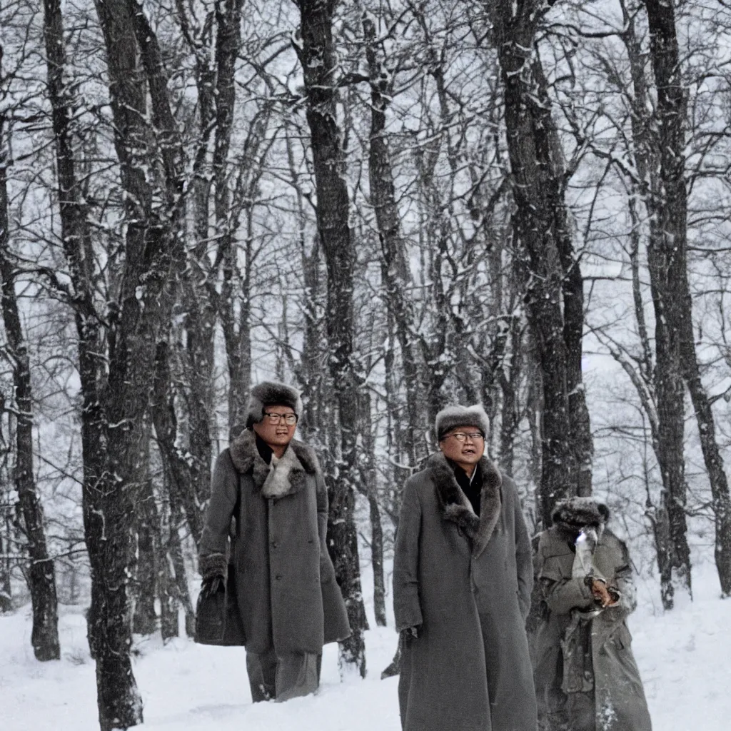 Image similar to filmstill of Kim Jong-il wearing a furry chapka and playing the role of Omar Sharif in Doctor Zhivago by David Lean, man in grey winter coat, cold Russian winter, snow and trees, Prussian architecture, minimal composition, 1965, cinemascope, Eastman Color Negative 50T 5251 Neg. Film, epic romance