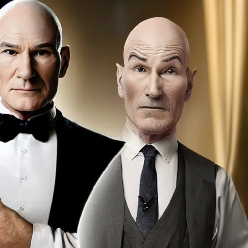 Image similar to older fantasy butler that looks similar to michael kane and patrick stewart, full body portrait, handsome, 4 k, detailed, photo realistic, balding, well dressed, pet rat on shoulder