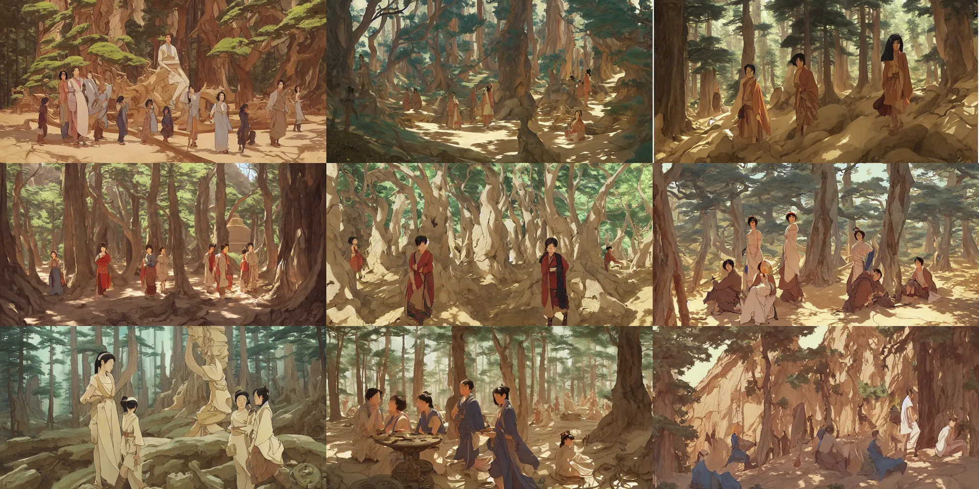 Prompt: mogao grottoes, forest, in the style of studio ghibli, j. c. leyendecker, greg rutkowski, artem