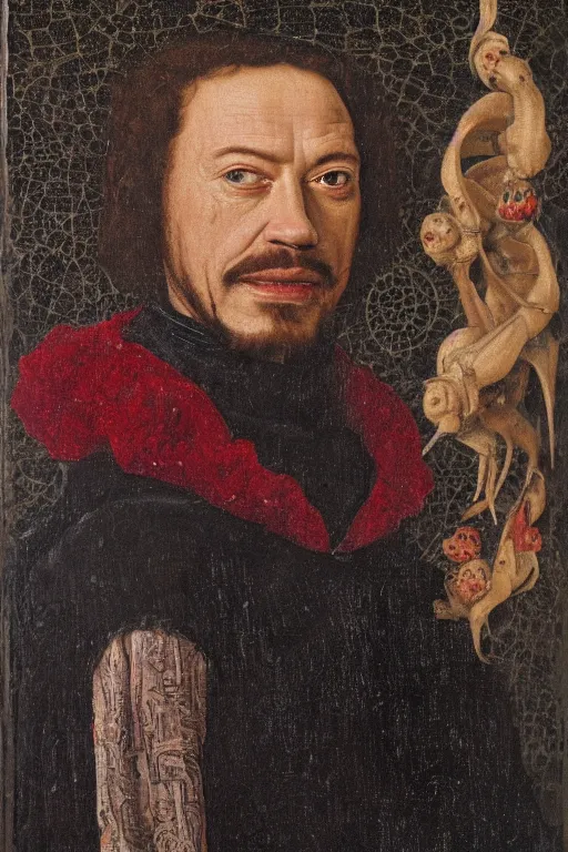 Image similar to portrait of tony stark, oil painting by jan van eyck, northern renaissance art, oil on canvas, wet - on - wet technique, realistic, expressive emotions, intricate textures, illusionistic detail