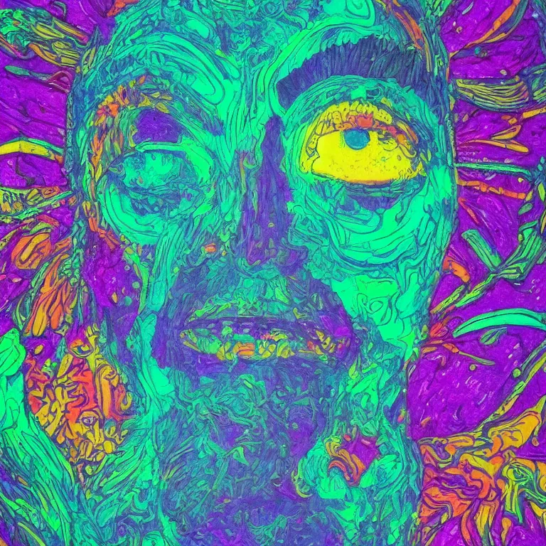 Image similar to human smiling meditating supreme peace immense knowledge infinite color dmt art cyan green black pair of eyes iris staring at viewer intense cosmic stare