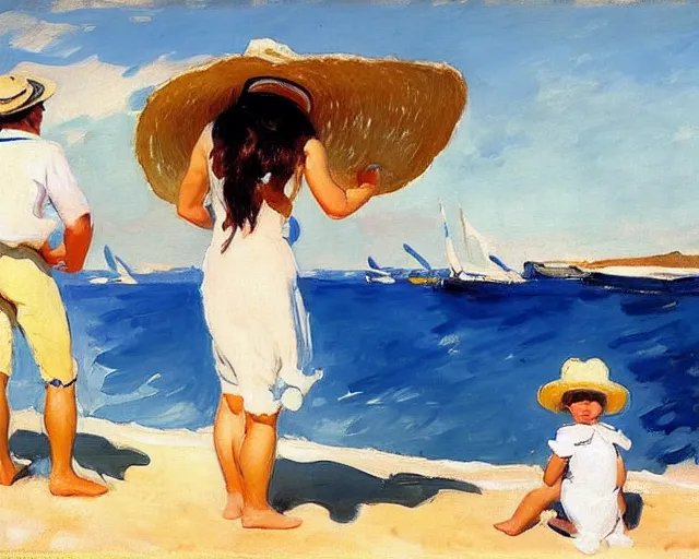 Image similar to a couple and a girl toddler on a beach in sardinia looking at a sailing boat, the man is wearing a panama hat, the woman has long dark hair, white sand, blue sky, summer, white and blue, painting by joaquin sorolla