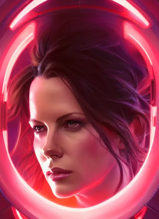 Image similar to symmetry!! portrait of kate beckinsale, sci - fi, tech wear, glowing lights!! intricate, elegant, highly detailed, digital painting, artstation, concept art, smooth, sharp focus, illustration, art by artgerm and greg rutkowski and alphonse mucha