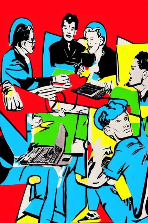 Image similar to 5 men writing code on laptops around a table, pop art, warhol