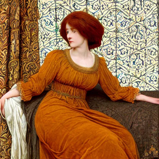 Image similar to preraphaelite photography reclining on bed, large eyes and nose and lips, big brown fringe, yellow ochre ornate medieval dress, william morris, 4 k