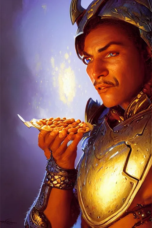 Prompt: extremely detailed extreme close up painting of a beautiful blue skinned night elf, in a set of night elf plate armor, eating baked beans, painting by gaston bussiere, craig mullins, greg rutkowski,