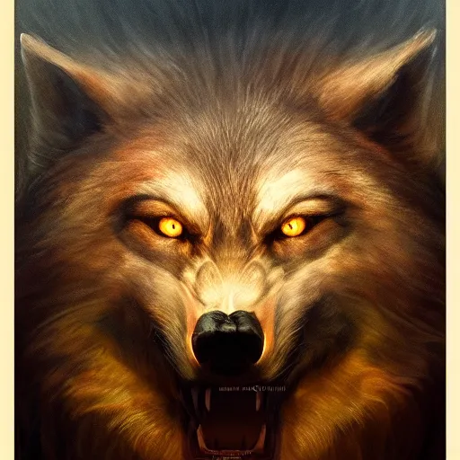 Image similar to majestic gracious terrifying werewolf portrait, atmospheric lighting, painted, menacing, intricate, volumetric lighting, beautiful, rich deep colours masterpiece, golden hour, sharp focus, ultra detailed, by leesha hannigan, ross tran, thierry doizon, kai carpenter, ignacio fernandez rios