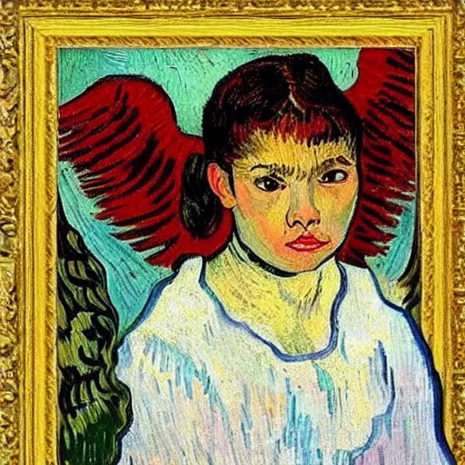 Image similar to painting of a cute roman - mexican girl lady angel by van gogh, fine art