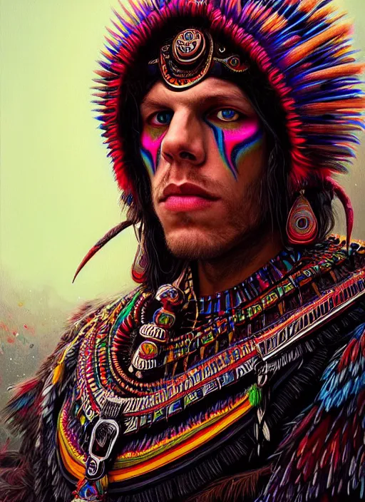 Image similar to portrait of jesse eisenberg, hyper detailed ultra sharp aztec shaman warrior. trending on artstation, warpaint aesthetic, bloodwave, colorful, psychedelic, ornate, intricate, digital painting, concept art, smooth, sharp focus, illustration, art by artgerm and greg rutkowski and h. r. giger, 8 k