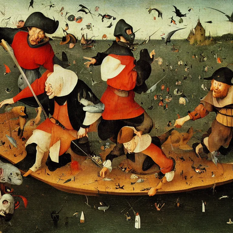 Prompt: The portrait of three sarcastic mans with a lot of fish running away from Grim Reaper who laughs and follow them, by Hieronymus Bosch and Pieter Bruegel inspired by Terry Pratchett, super detailed oil painting, hyper realistic, 4k, masterpiece
