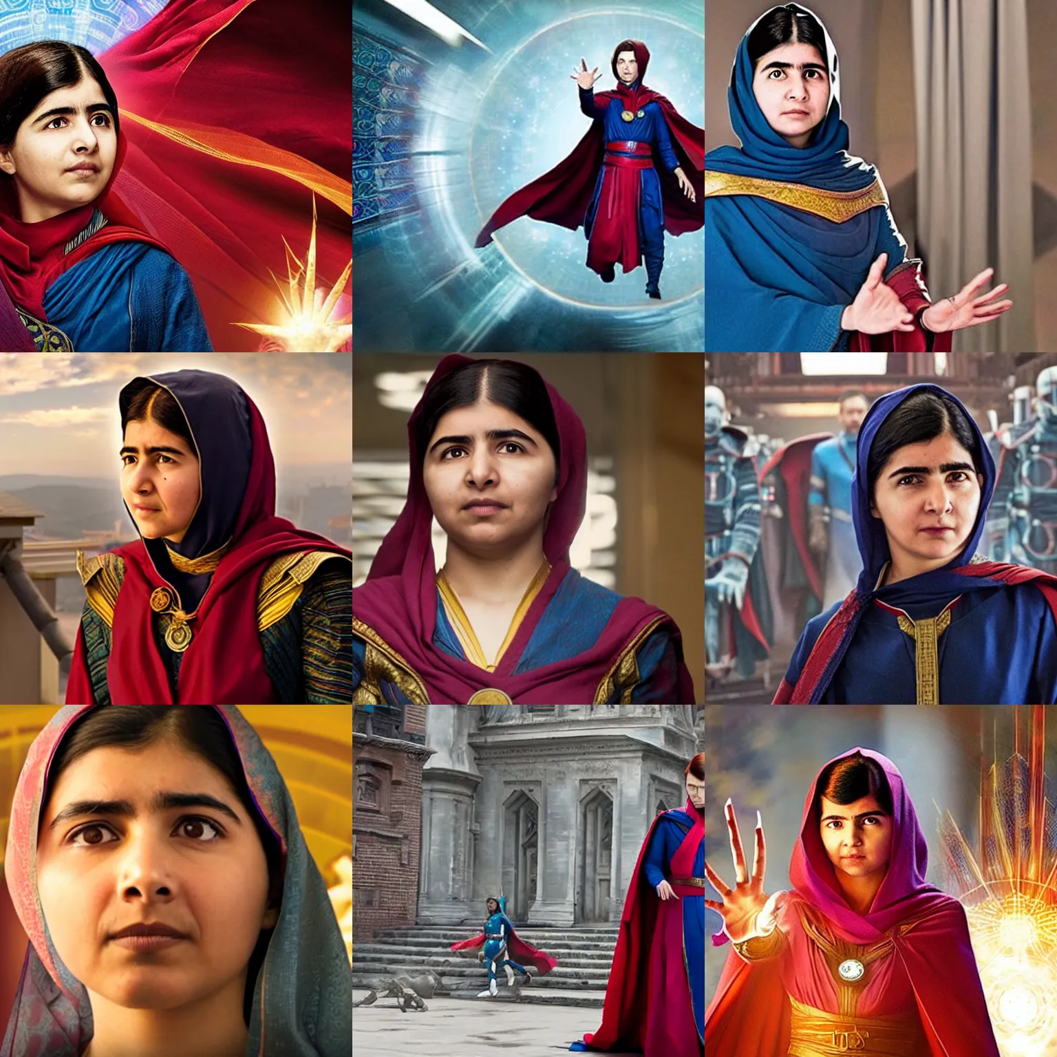 Prompt: Malala Yousafzai as Doctor Strange, film still from the movie Doctor Strange