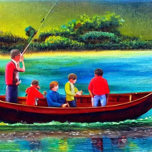 Image similar to A dad with his 3 sons in a boat, the dad is fishing, underwater there is a fish with his 3 sons, oil on canevas