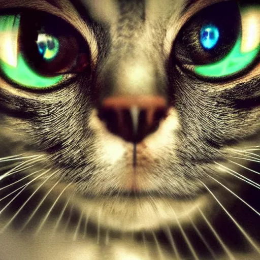 Image similar to a cat with laser eyes, lasers shooting, epic, trending, underground art, acid trip, dmt, cat