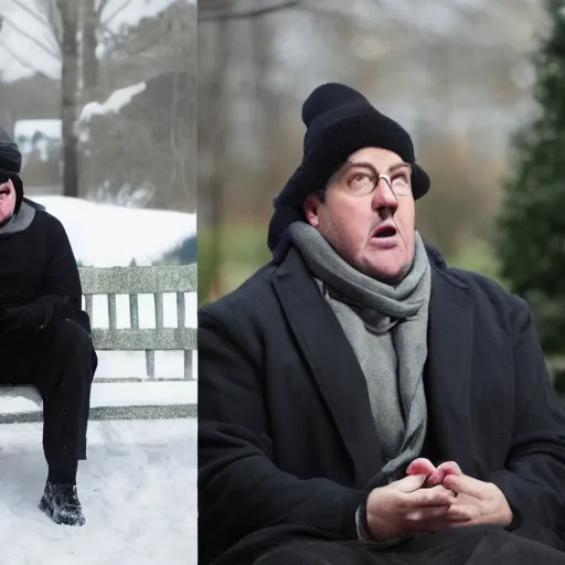 Image similar to Kevin Malone wearing a black beanie hat and black wool overcoat sitting on a park bench during the winter