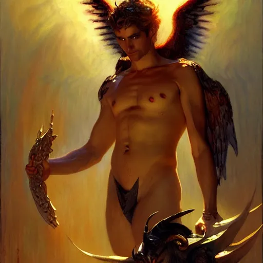 Image similar to attractive male lucifer morning star casting a spell summoning male demons, they rise from down bellow. highly detailed painting by gaston bussiere, craig mullins, j. c. leyendecker, 8 k