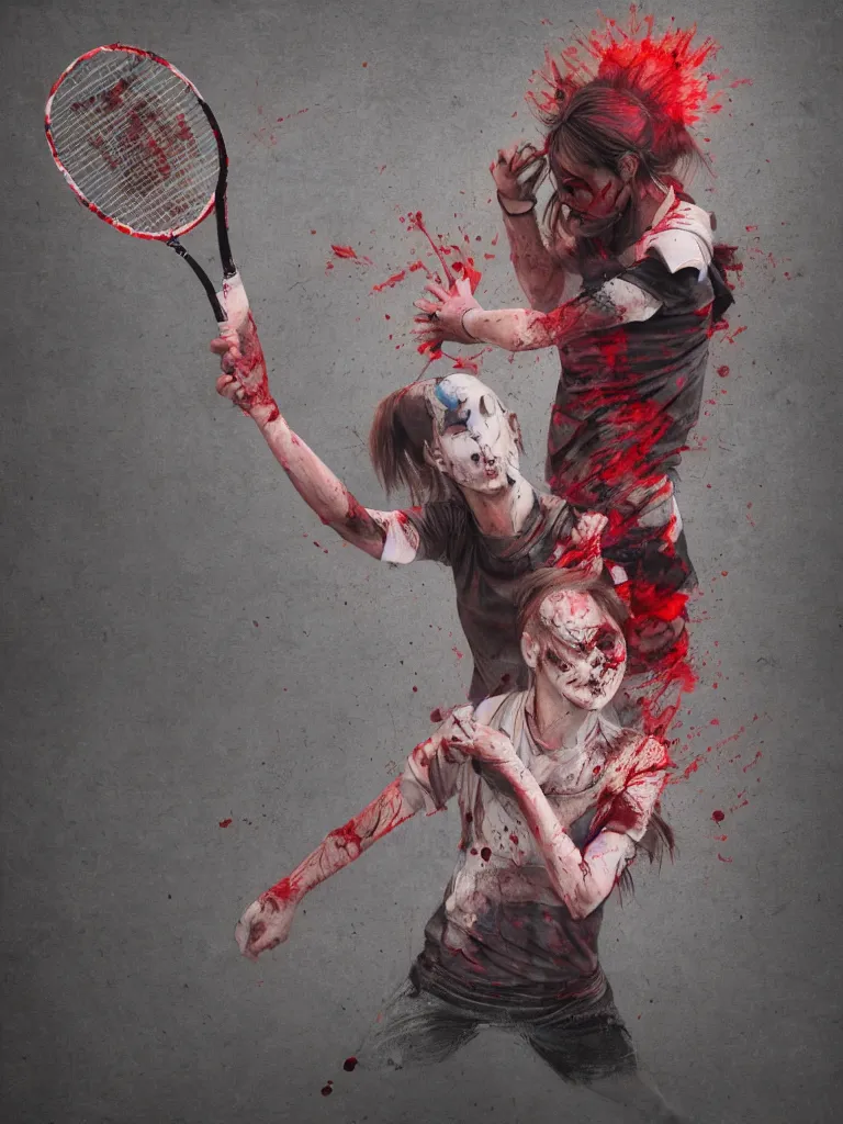 Prompt: young adult woman playing tennis, cyberpunk, painful, cardboard, blood stains on shirt, blood on tennis court, bleeding audience, illustration, traditional drawing style, dramatic mood, textured canvas, highly detailed, fine art, melancholic art, oil pastels, 8 k render octane high definition cgsociety