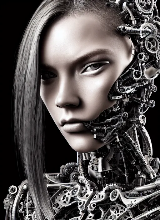 Image similar to a stunning young female cyborg profile face, face is made intricate tribal bio - mechanical, editorial photography, bw, shot on 7 0 mm, depth of field, f / 2. 8, high contrast, 1 6 k, rays of shimmering light, volumetric lighting, shiny, insanely detailed and intricate, hypermaximalist, elegant, ornate, hyper realistic, super detailed