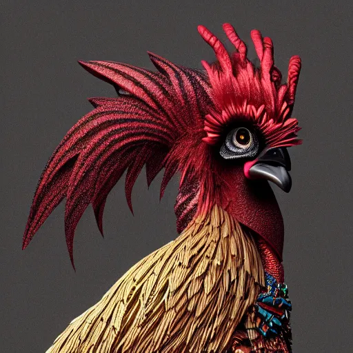 Prompt: portrait of an punk rock rooster, intricate. detailed, octane render, trending on artstation, hyper realism, 4k.