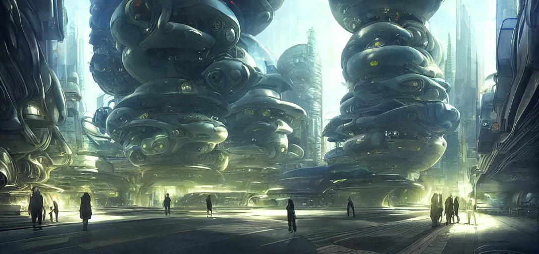 Image similar to futuristic street of a solarpunk alien city by taras shevchenko, extreme backlighting, sci fi, highly detailed, intrincate, digital painting, smooth, sharp focus, golden ratio, illustration, concept art, by stephen hickman and james gurney and hiromasa ogura ghost in the shell