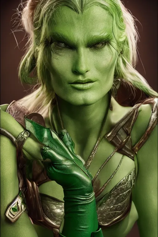 Image similar to a green-skinned female DND verdan, high resolution film still, 8k, HDR colors, cosplay, studio lighting, photo by bruce weber