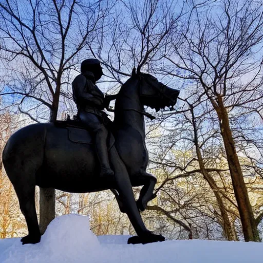 Image similar to A photo looking up at a black statue of a soldier riding a horse, lightly topped with snow, the statue is on a pedestal, the ground is full of snow, the background has numerous wintry trees, the sky is blue with sun poking through the clouds. Twilight. Photorealistic, 4k,