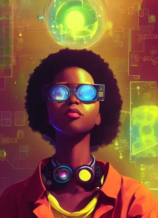 Image similar to afro - futurist scientist, computers and holograms, hacking the metaverse | hyperrealistic oil painting | by makoto shinkai, ilya kuvshinov, lois van baarle, rossdraws, basquiat | afrofuturism, in the style of hearthstone, trending on artstation | dark color scheme